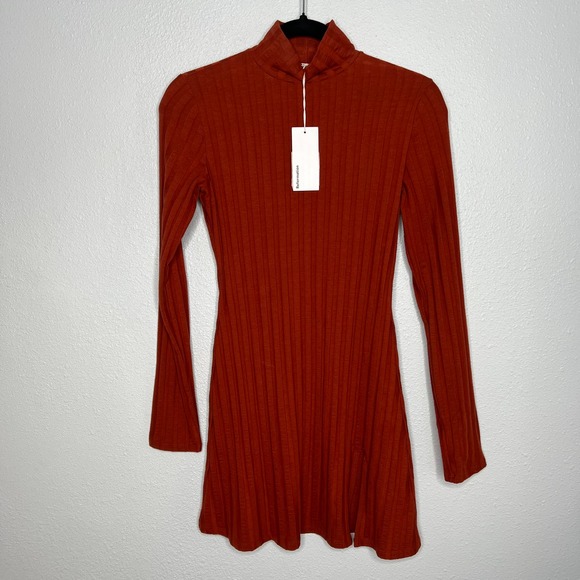 New Reformation Libra Knit Mini Dress Rust Orange Side Slit Long Sleeve Sz S - Picture 2 of 9
